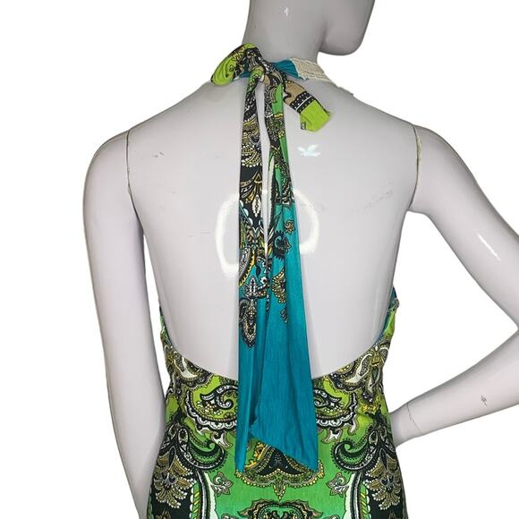 Va Va Voom Maxi Halter Dress Size M Open Back Moroccan Print Tie At The Neck - Picture 8 of 12